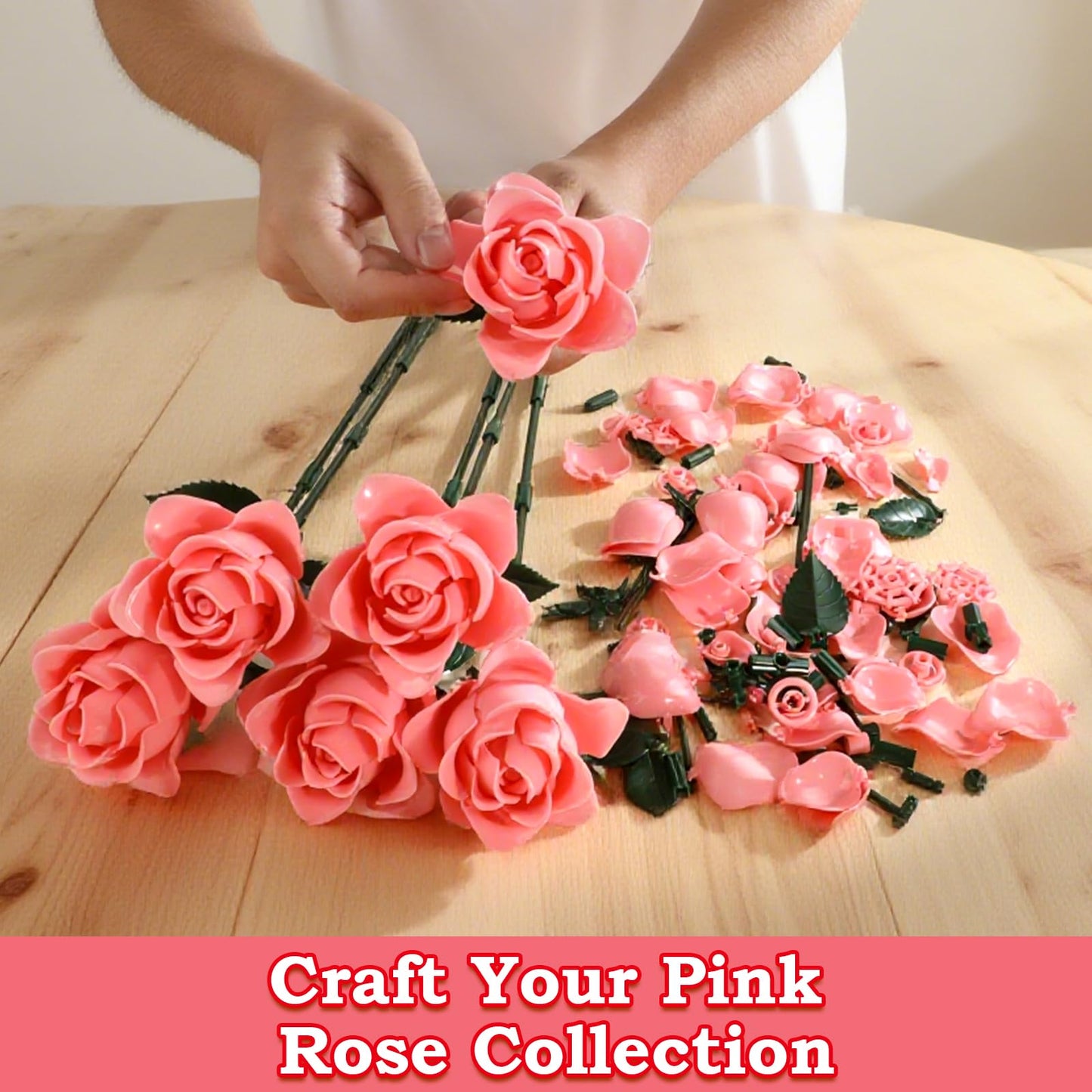 HAYXUN 12 Pink Roses Building Block Bouquet – Romantic Gift for Wife, Mom & Friends