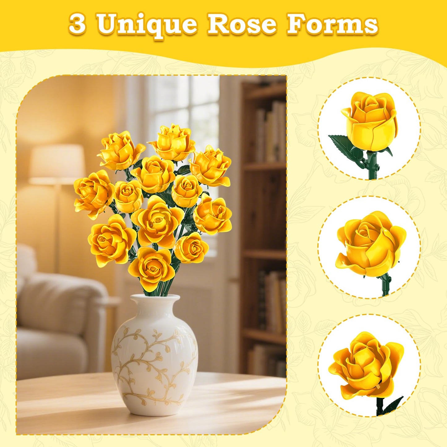 HAYXUN Valentines Day Gifts — 12 Yellow Rose Building Kit (585 PCS) for Mom, Grandma & Teachers