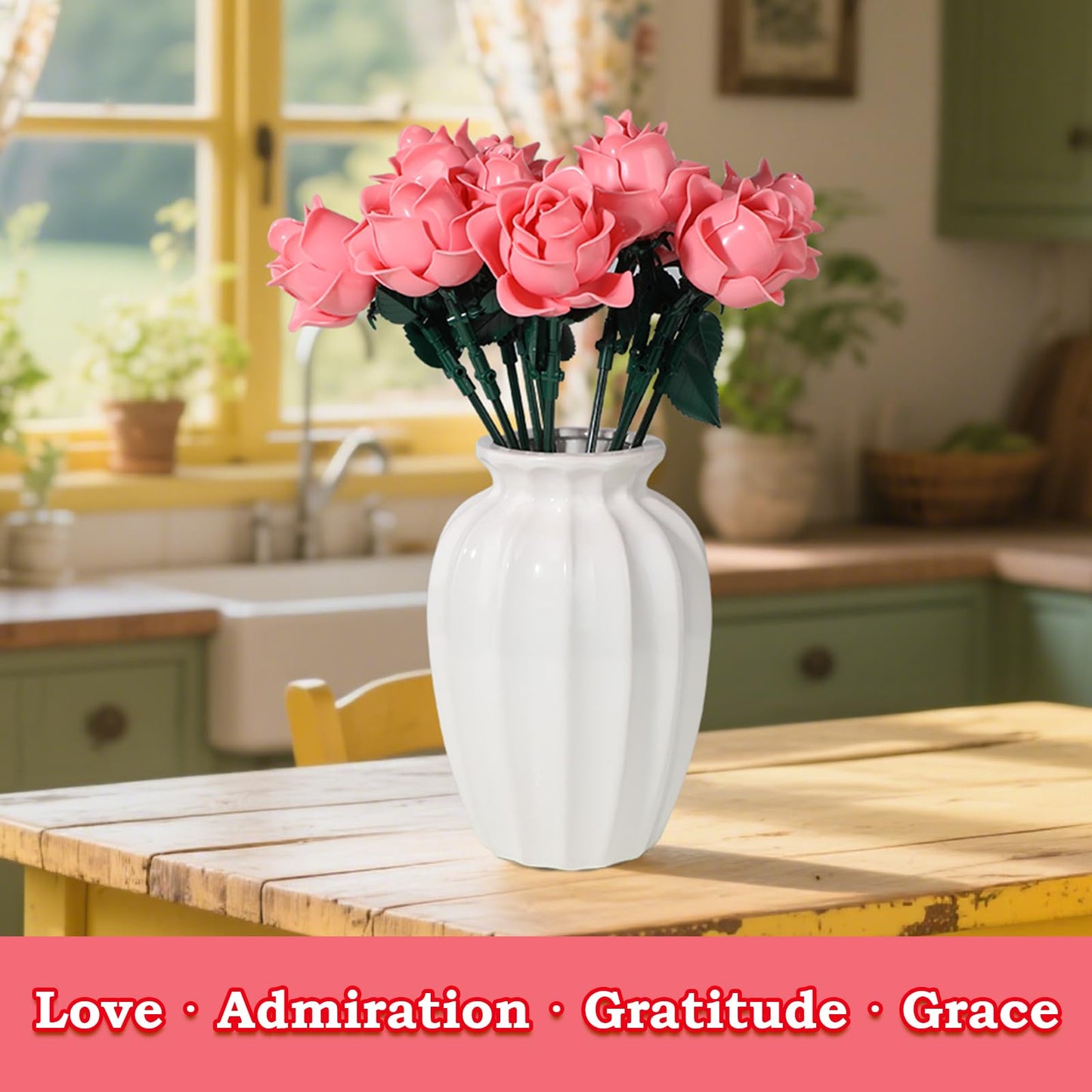 HAYXUN 12 Pink Roses Building Block Bouquet – Romantic Gift for Wife, Mom & Friends