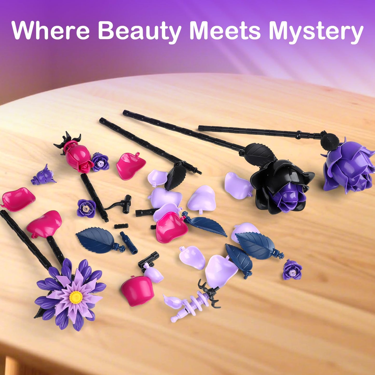 HAYXUN Halloween Purple Rose Building Blocks Kit – DIY Indoor Flower Bouquet for Adults & Teens