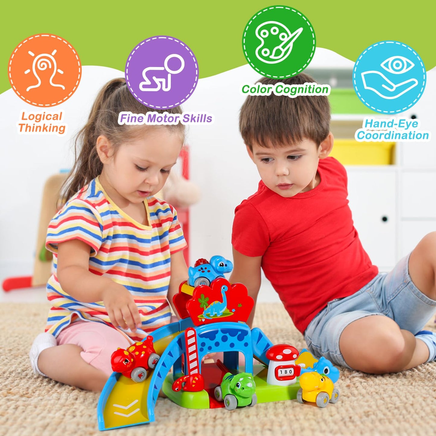 HAYXUN Dino Slide Set – 4 Color Push Cars for 12–18 Months | Montessori Dino Toy Gift