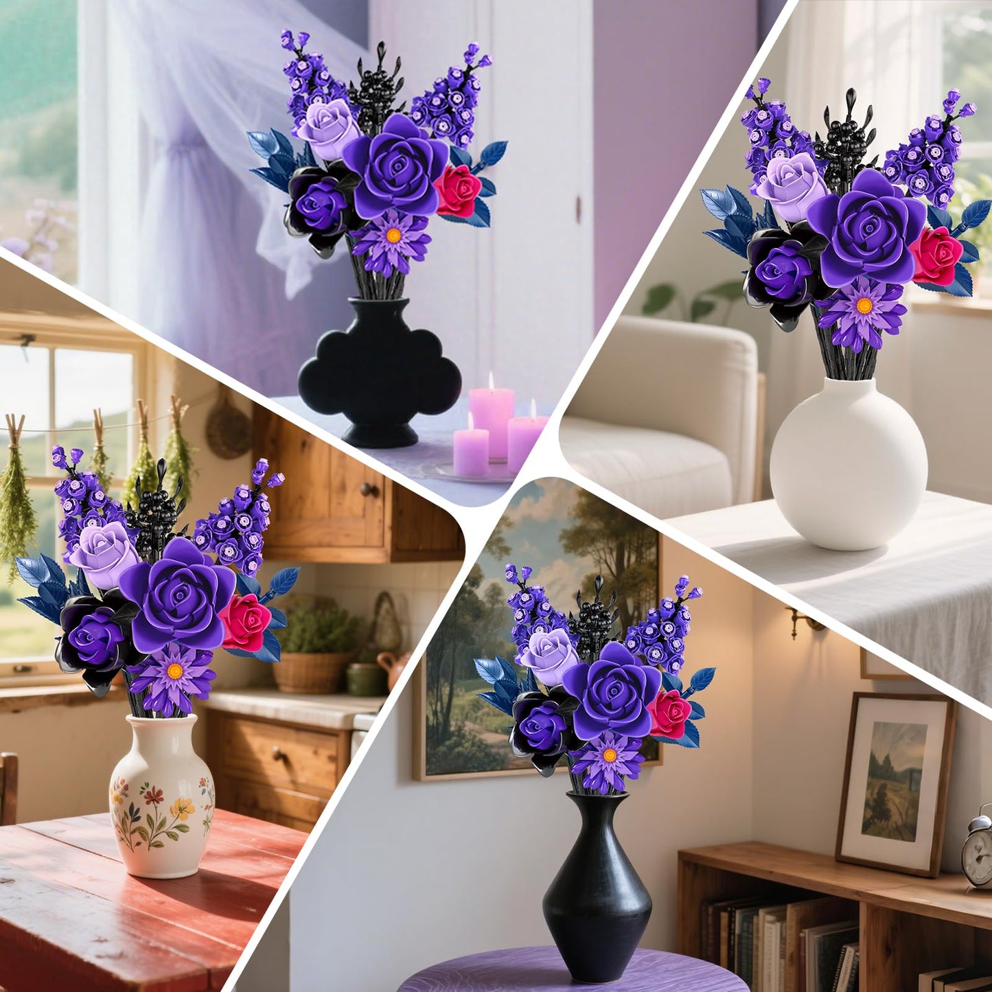 HAYXUN Halloween Purple Rose Building Blocks Kit – DIY Indoor Flower Bouquet for Adults & Teens