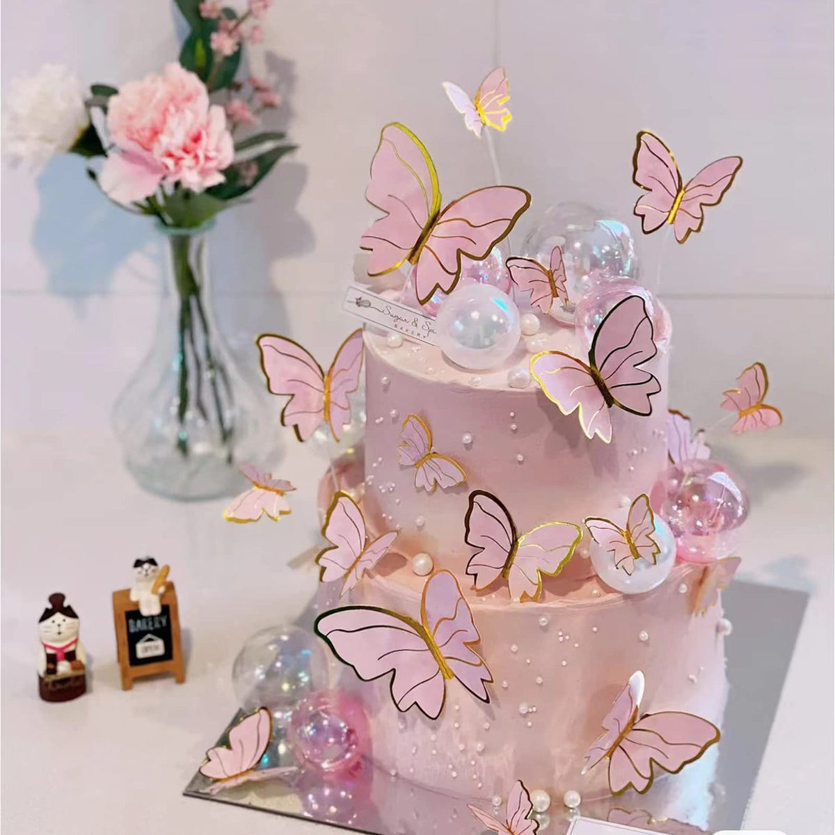 Hazyore Pink Butterfly Cake Toppers - 11pc Gold Metal Happy Birthday Topper Set for Cakes & Cupcakes