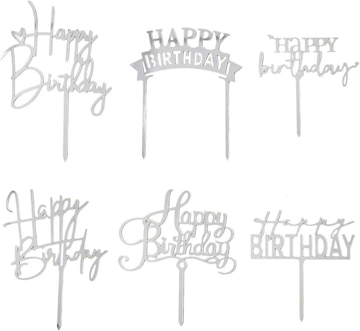 Hazyore Silvery Acrylic Birthday Cake Toppers – 6pcs Happy Birthday Letters