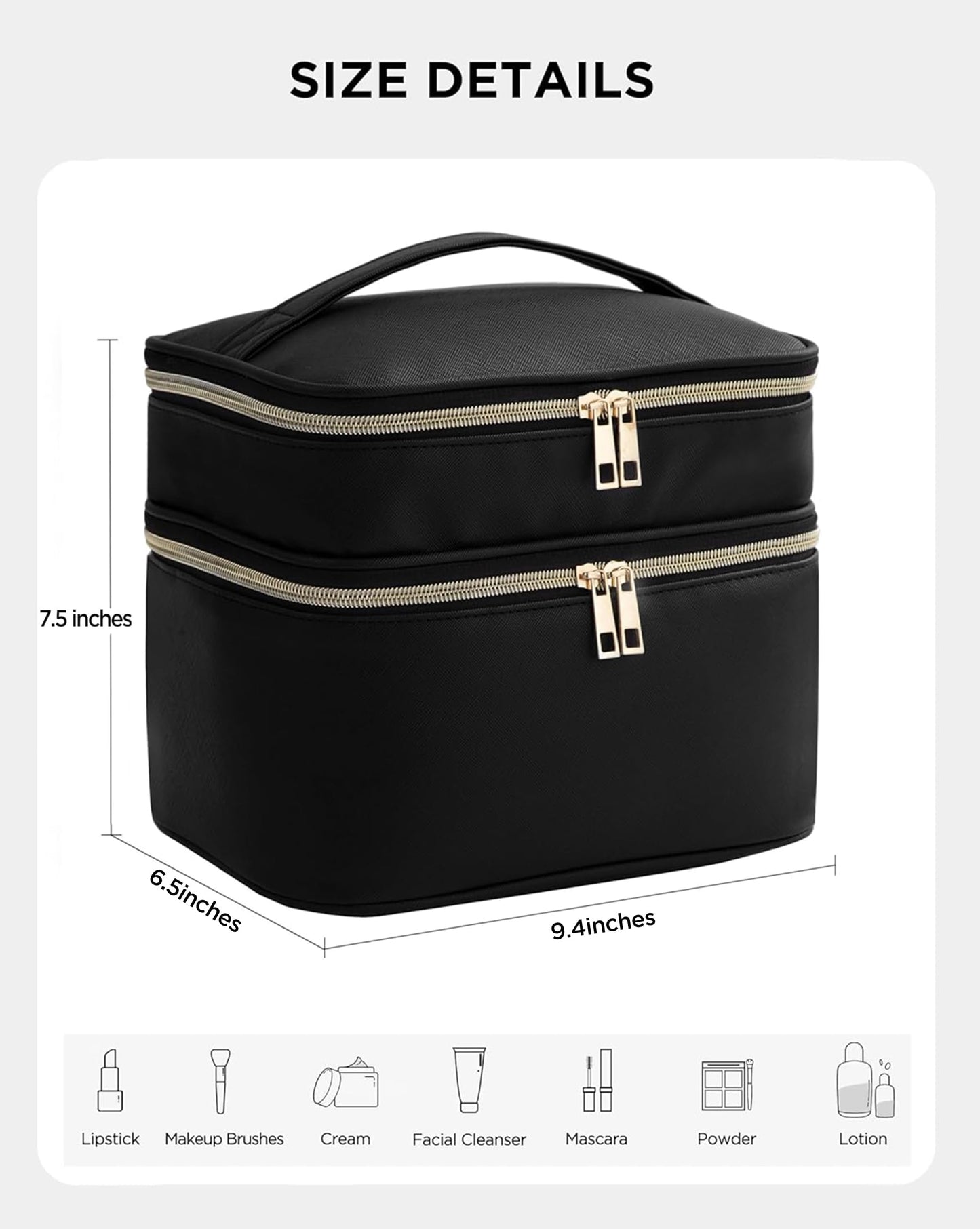 HBlife Double Layer Travel Makeup Bag – Leather Cosmetic Case with Handle & Removable Divider (Black)