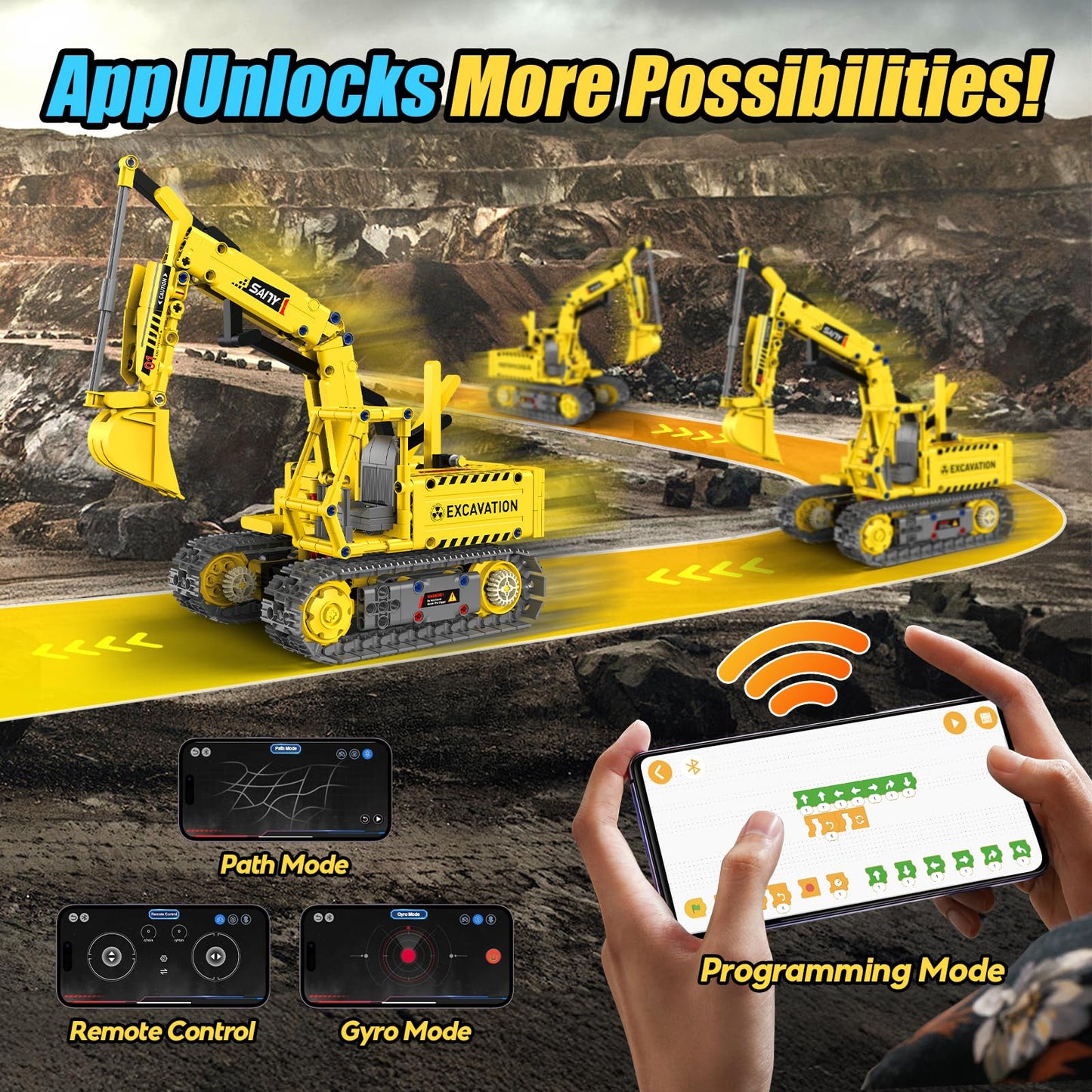 HBUDS 5-in-1 Robot Building Kit | 555-Piece STEM Toys for Ages 8-14 | App & RC Excavator