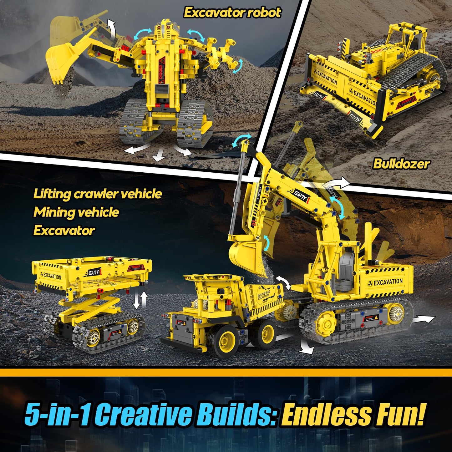 HBUDS 5-in-1 Robot Building Kit | 555-Piece STEM Toys for Ages 8-14 | App & RC Excavator