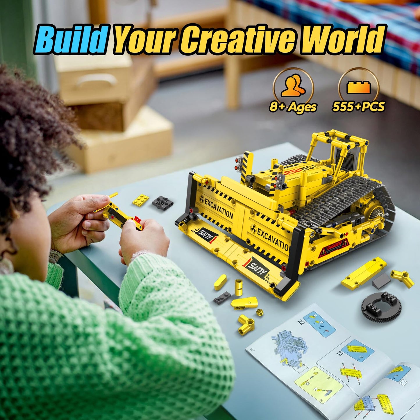 HBUDS 5-in-1 Robot Building Kit | 555-Piece STEM Toys for Ages 8-14 | App & RC Excavator