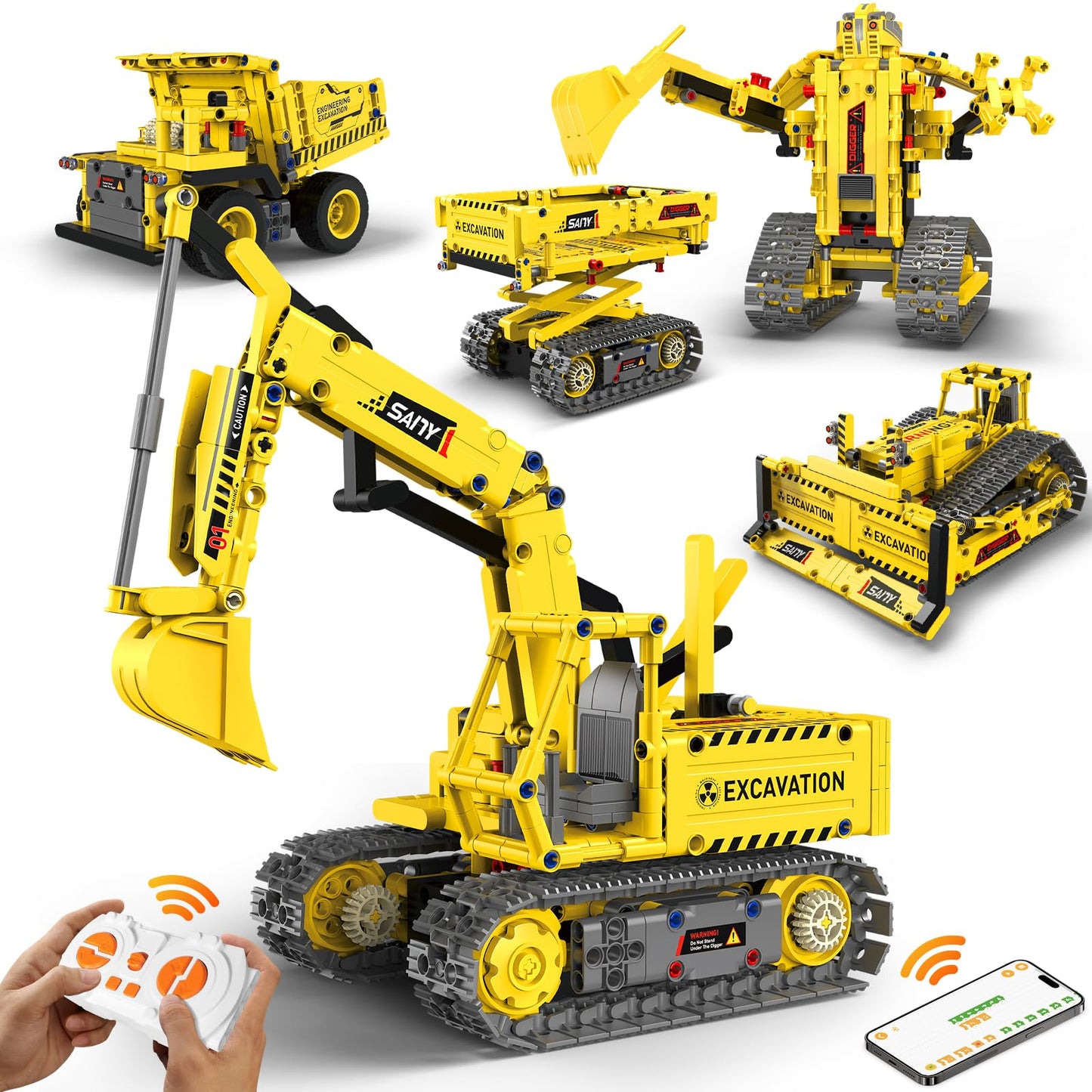 HBUDS 5-in-1 Robot Building Kit | 555-Piece STEM Toys for Ages 8-14 | App & RC Excavator