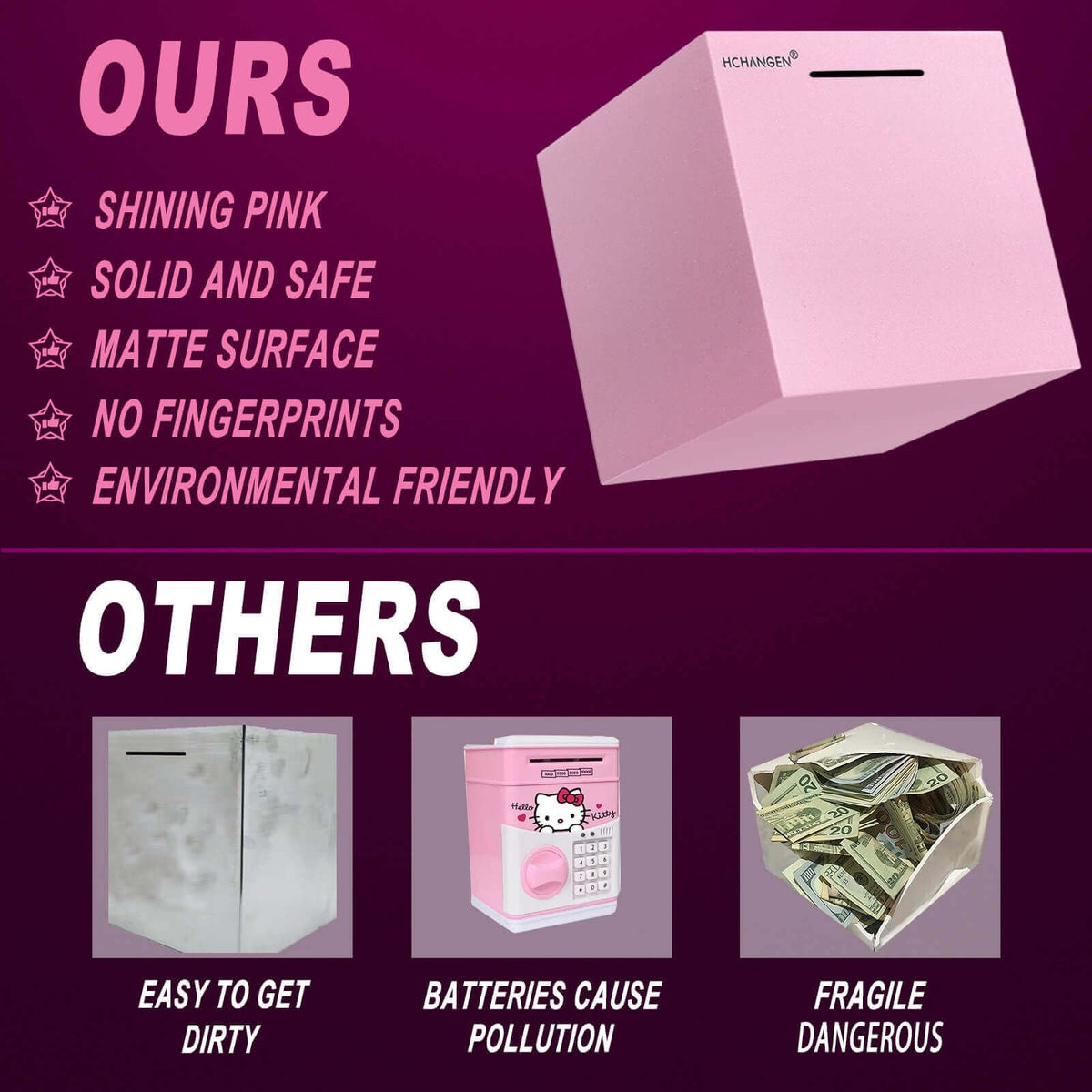 HCHANGEN Piggy Bank for Adults – Stainless Steel Money Box, Must Break to Open (Pink, 7.5in)