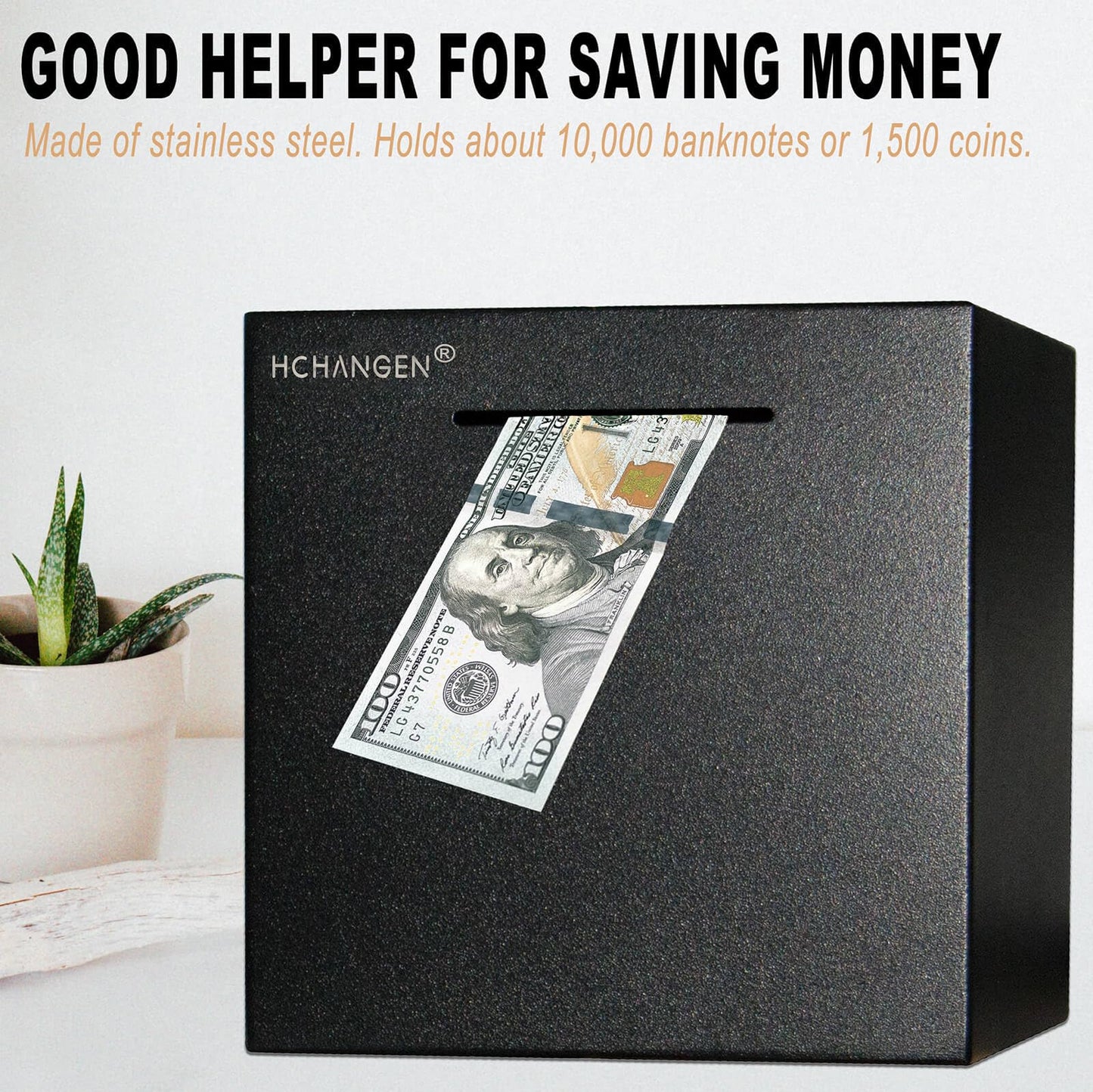 HCHANGEN Piggy Bank for Adults – Stainless Steel Break-Open Money Box (7.5in, Black)