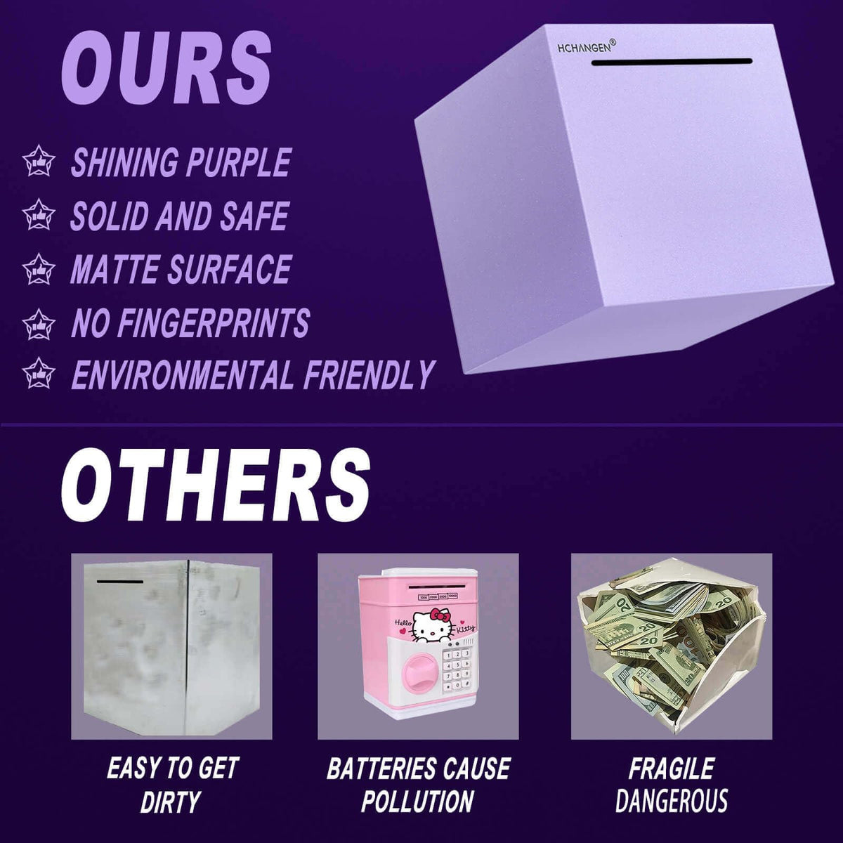 HCHANGEN Piggy Bank for Adults – Stainless Steel Money Box, Must-Break to Open (Purple, 4.72 in)