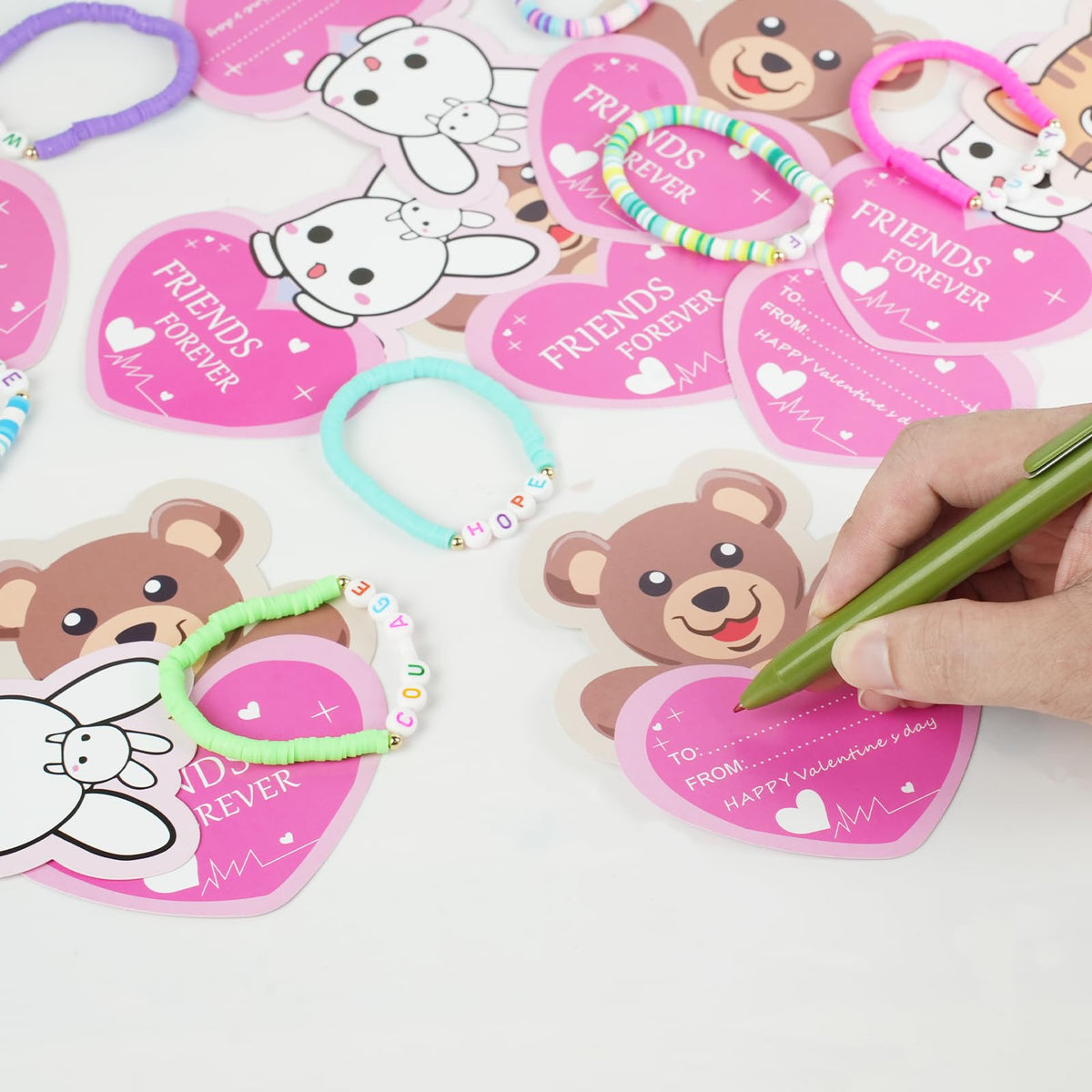 Hcyhcx Valentines Day Cards for Kids Classroom – 24-Pack with Friendship Bead Bracelets