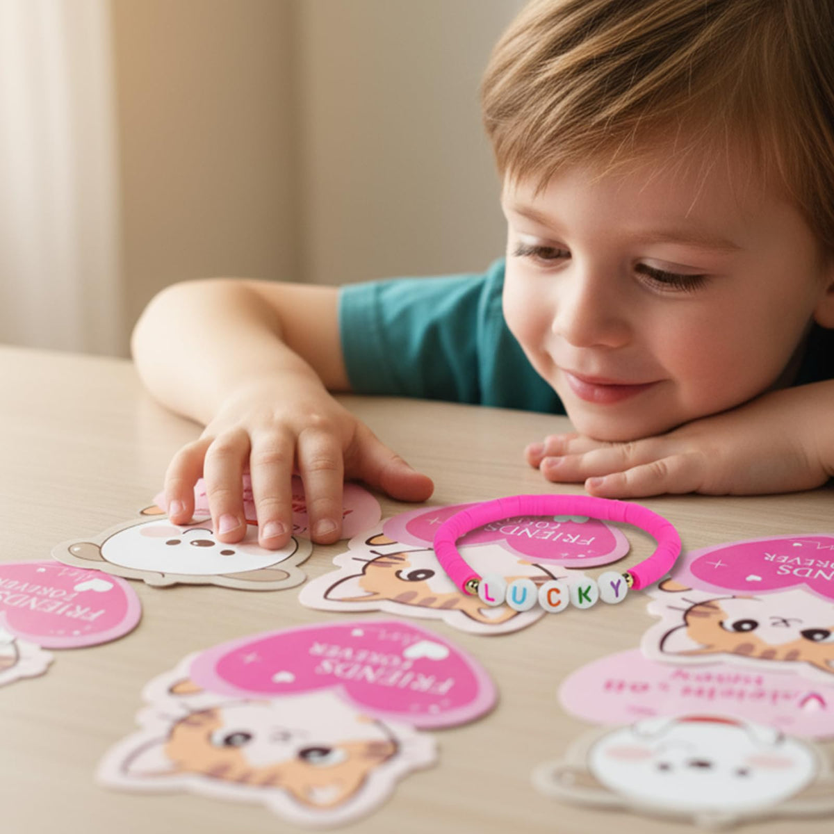 Hcyhcx Valentines Day Cards for Kids Classroom – 24-Pack with Friendship Bead Bracelets