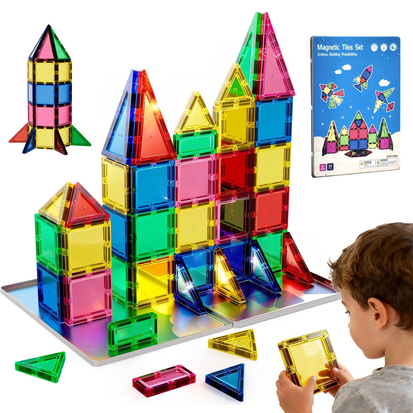 HDCooL Magnetic Tiles 32PCS Giant Set – Safe Magnets, Portable Iron Box, STEM Building Toys 3+