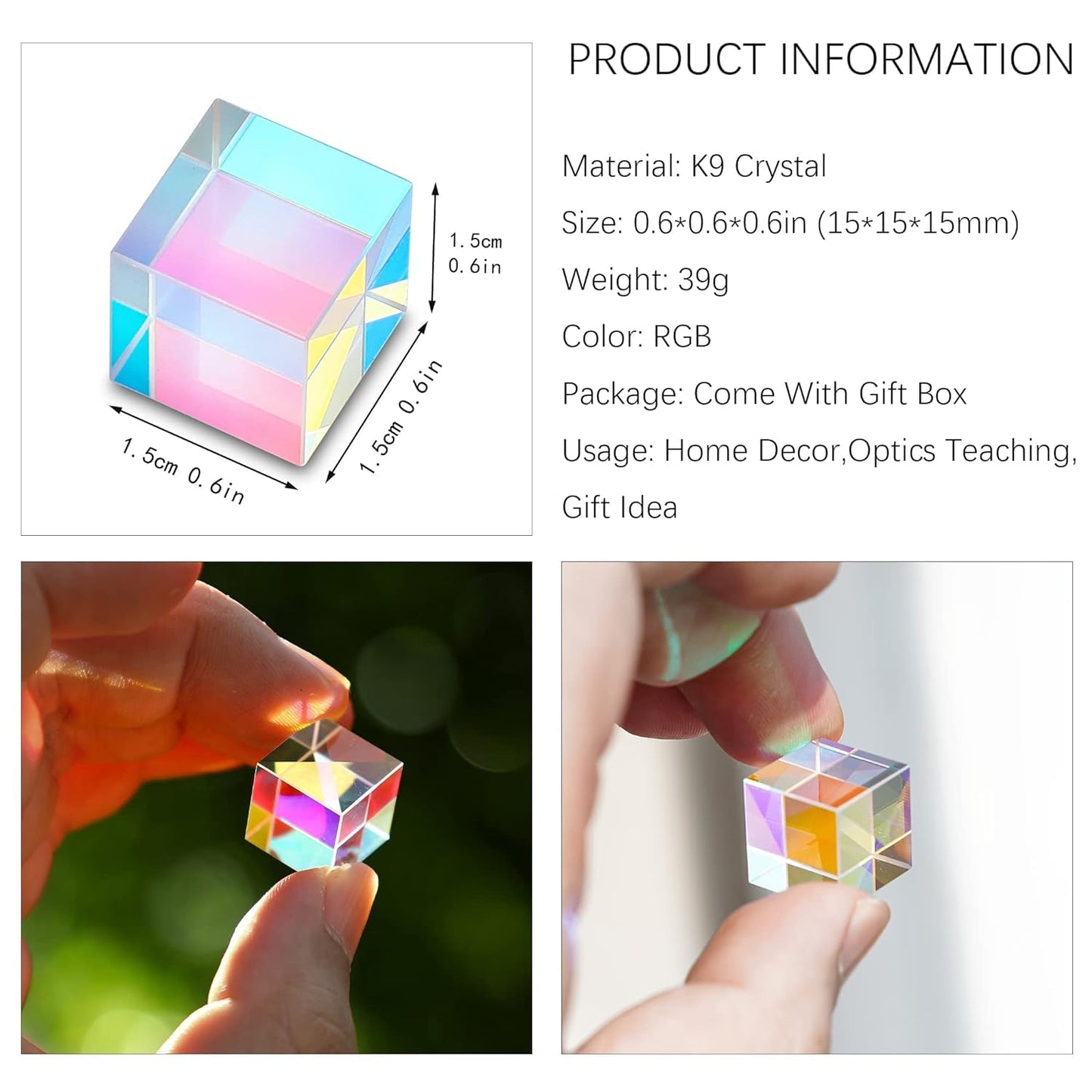HDCRYSTALGIFTS Mini K9 Crystal Prism Cube – RGB Dispersion