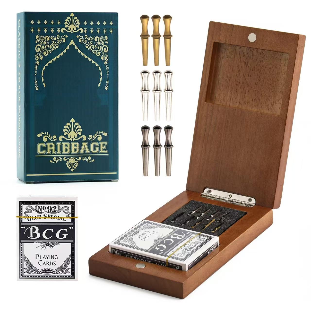Hdsahdok Wooden Cribbage Board Game Set – Travel 3-Track Deluxe Kit