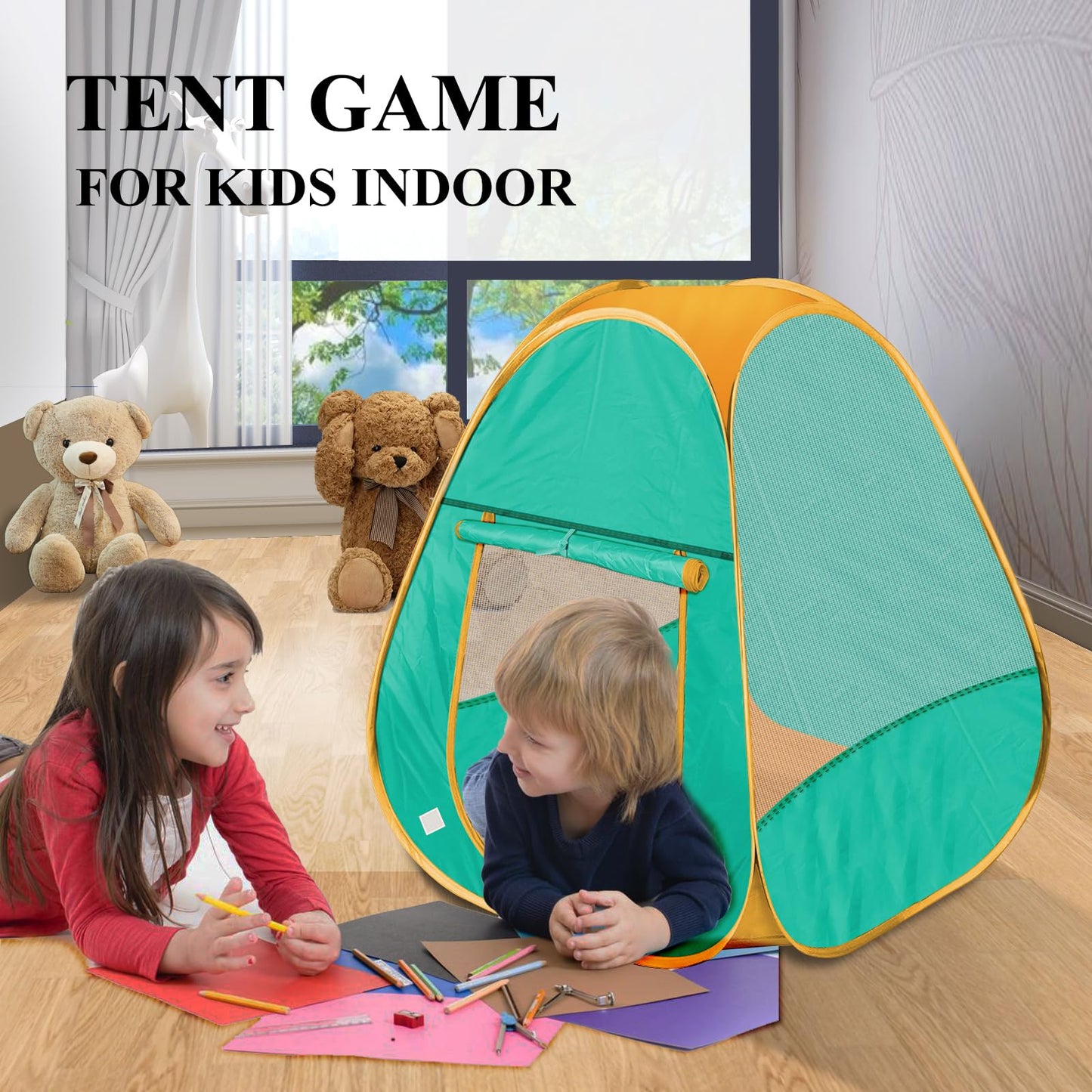 HDUAWHE 2-Pcs Kids Pop Up Play Tent – Foldable Indoor/Outdoor (Green & Orange)