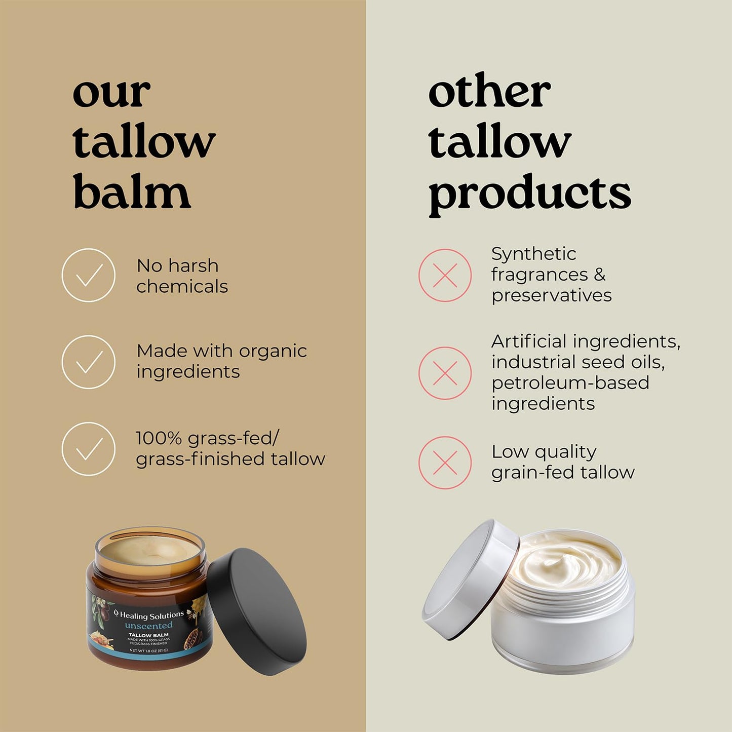 Healing Solutions Beef Tallow & Honey Balm for Face – 1.8oz, Unscented