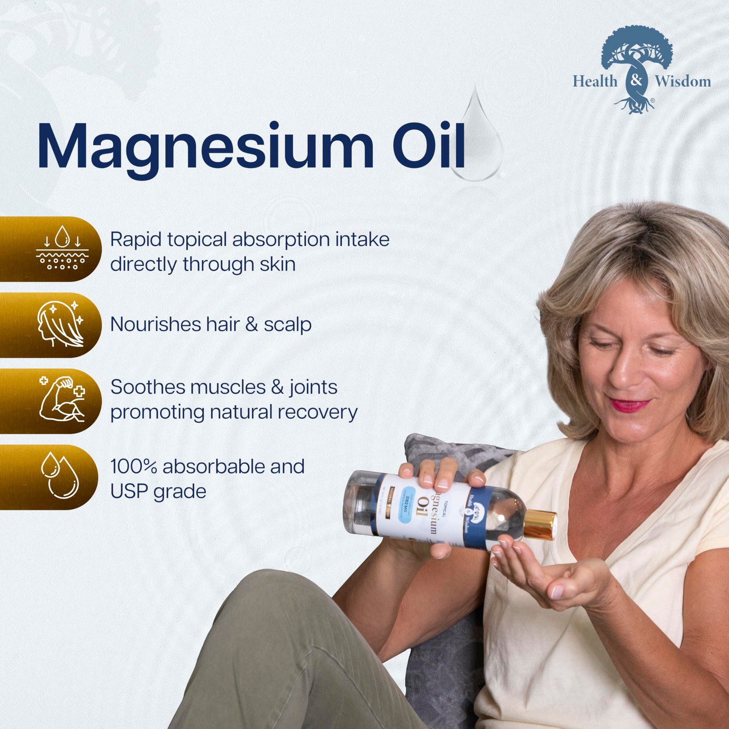Health & Wisdom Pure Magnesium Oil – Topical Muscle & Joint Relief, Skin Moisturizer (12 oz)