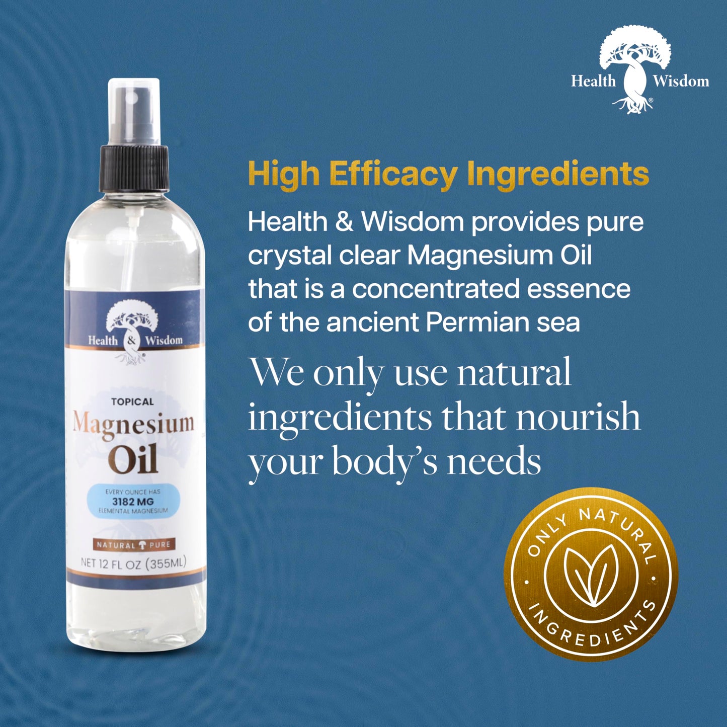 Health & Wisdom Pure Magnesium Oil – Topical Muscle & Joint Relief, Skin Moisturizer (12 oz)