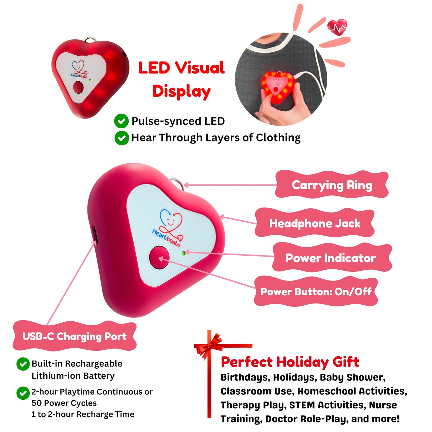Heartbeats Electronic Stethoscope Toy – LED Display, 10x Amplification, STEM Learning for Kids 4+