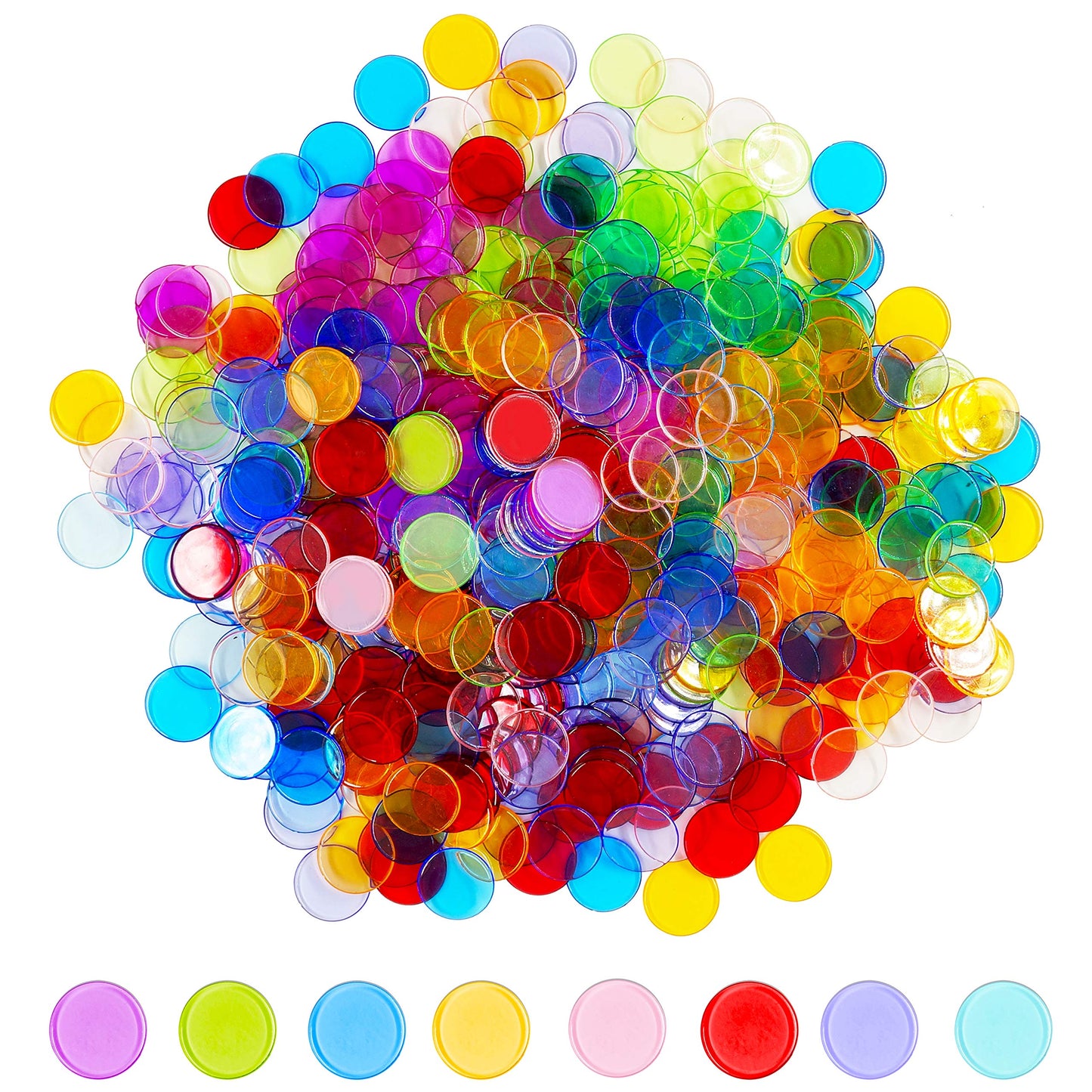 Hebayy 500 Transparent 8-Color Bingo Chips – 3/4 Inch Plastic Markers (Pack of 500)