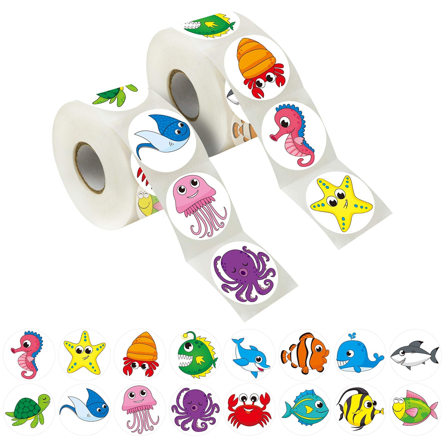 Hebayy 600 Round Marine Sea Animal Stickers in 16 Designs – Perforated Rolls, 1.5\" Diameter