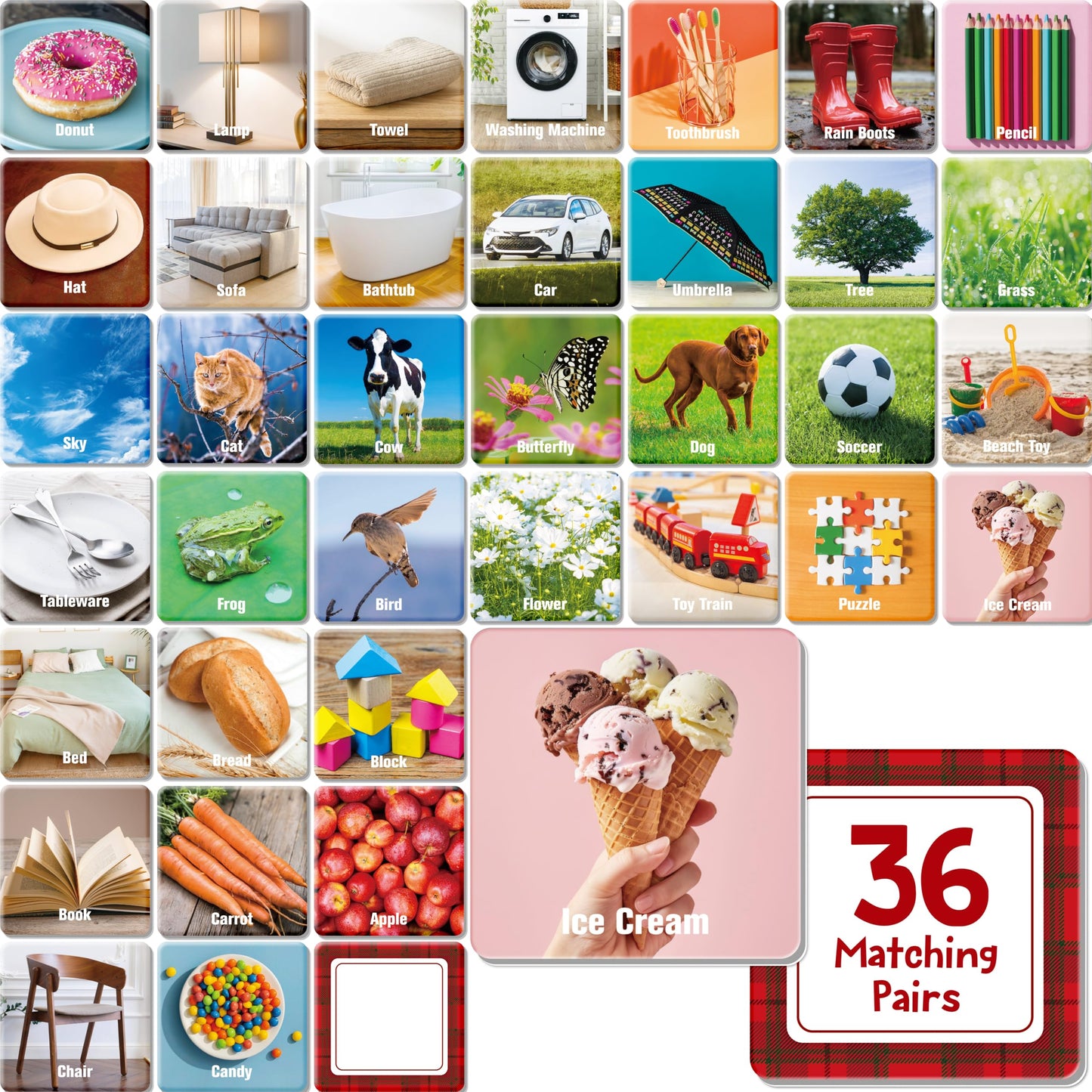 Hebayy 72-Pcs Daily Items Matching Game – 36 Designs Memory Cards for Preschool 4–6