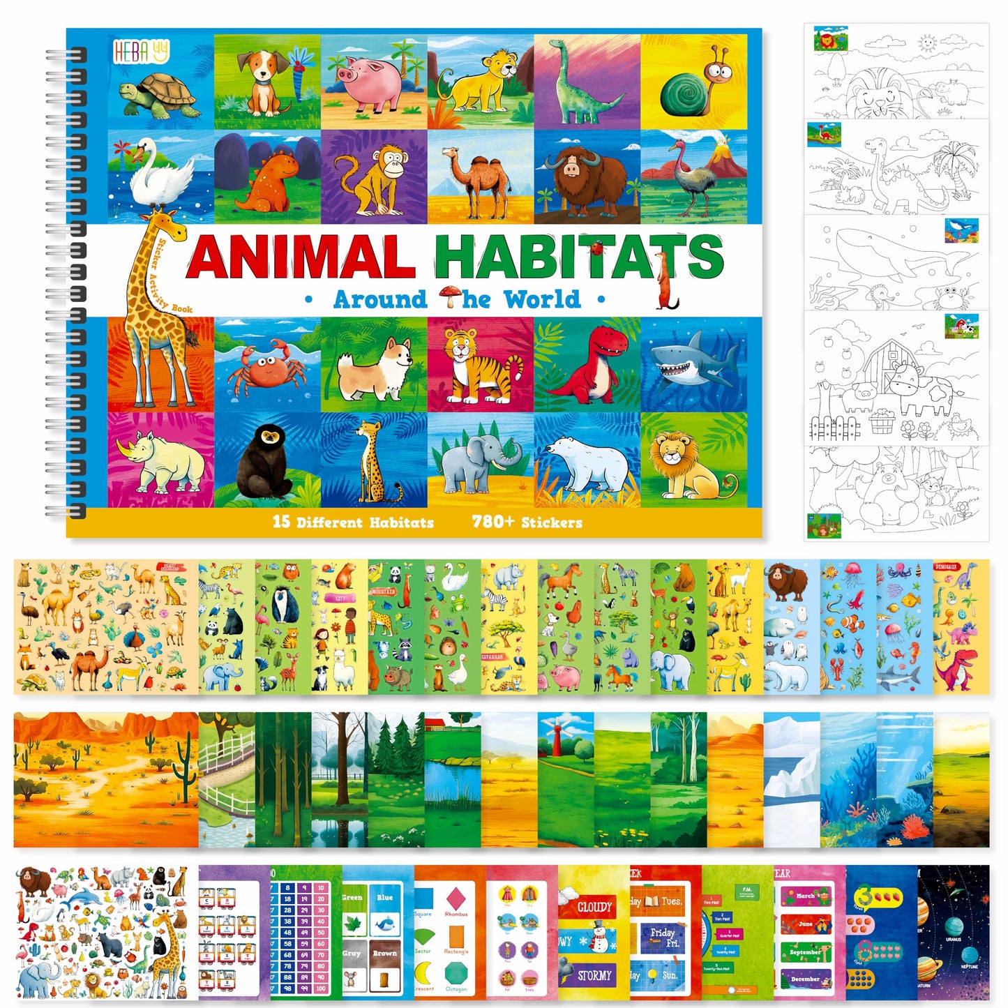 Hebayy Animal Habitat Sticker Book: 780+ Stickers, 15 Habitat Scenes, Side-by-Side Learning for Kids