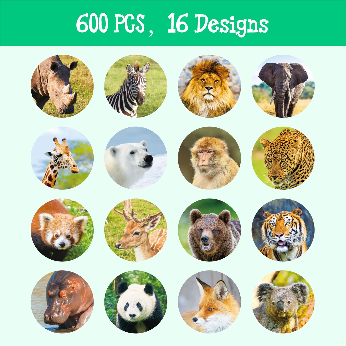 Hebayy 600Pcs Realistic Jungle Animal Stickers – 16 Designs, Perforated 2-Roll Pack