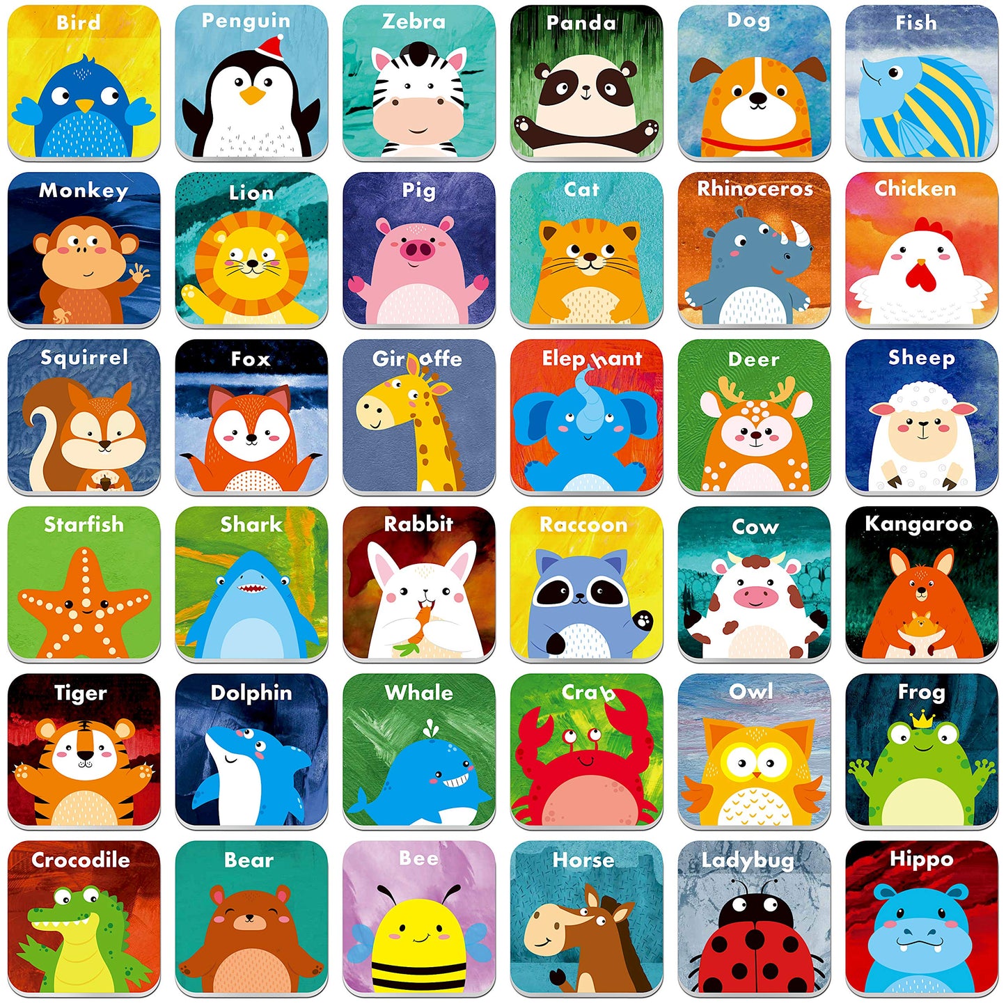 Hebayy 36 Pair Animals Matching Game Cards – Erasable Flash Cards for Kids (72 pcs, 2x2 inches)