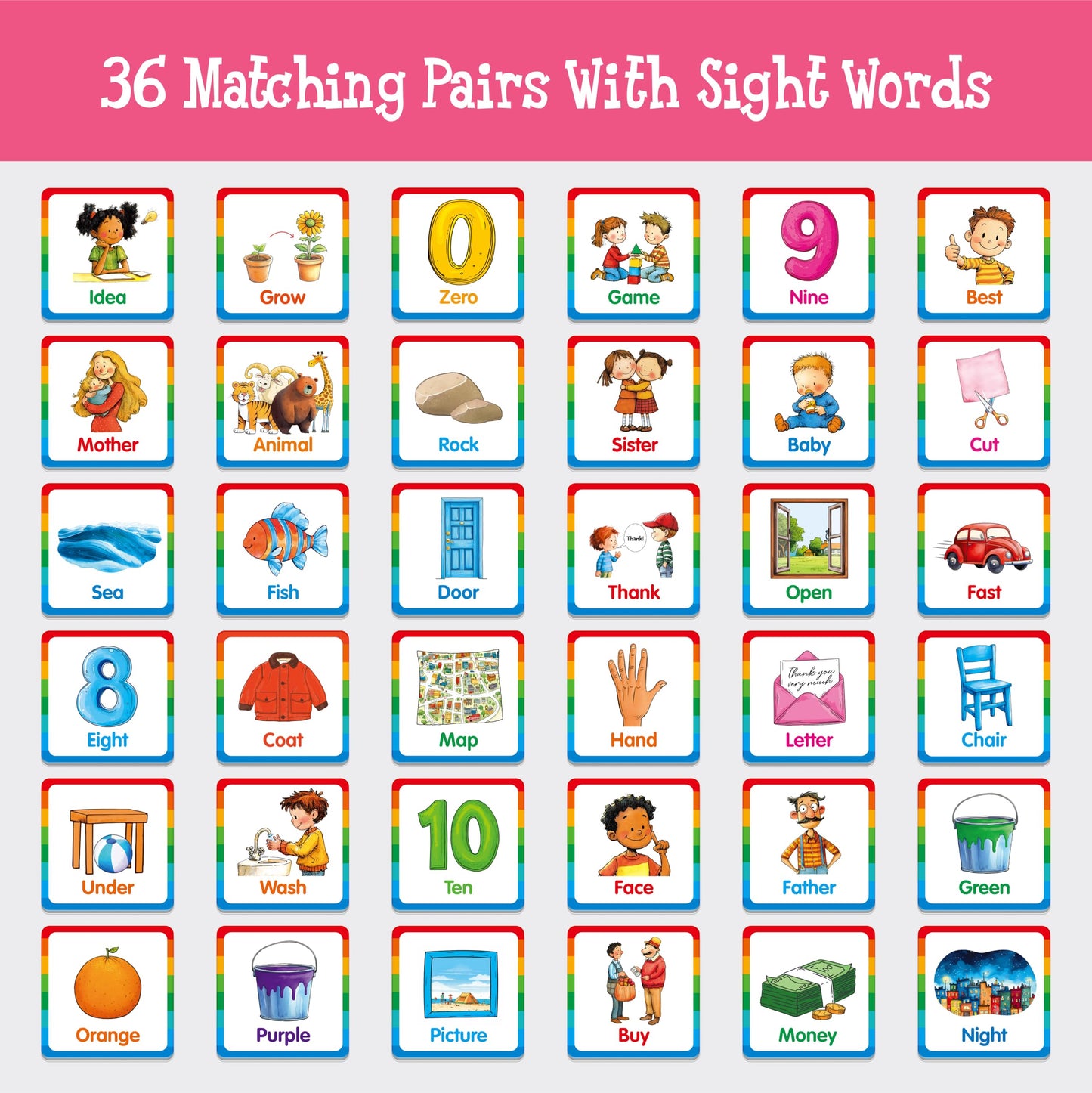 Hebayy Memory Matching Game – 72 Sight Word Tiles (36 Pairs) for Kids 5+