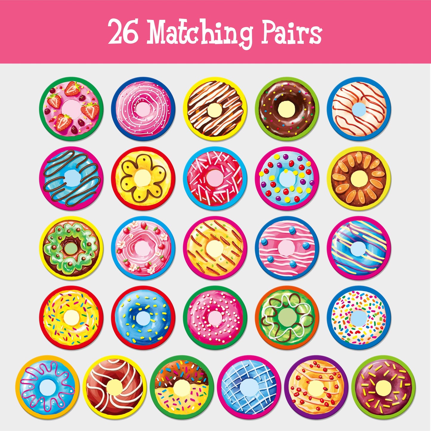 Hebayy 52-Pcs Donut Matching Game – 26 Dessert Card Designs for Memory & Learning (Ages 4–6)