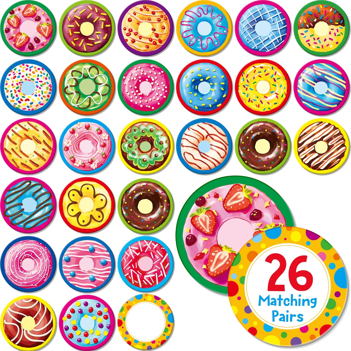 Hebayy 52-Pcs Donut Matching Game – 26 Dessert Card Designs for Memory & Learning (Ages 4–6)