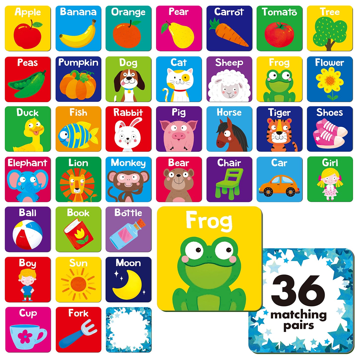 Hebayy Memory Matching Game — 72 Cards, 36 Word Pairs for Toddlers