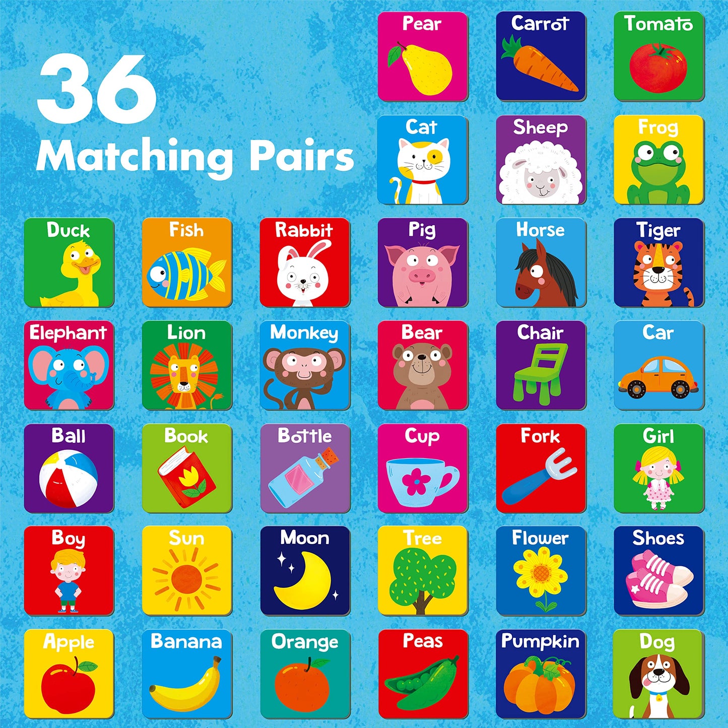 Hebayy Memory Matching Game — 72 Cards, 36 Word Pairs for Toddlers