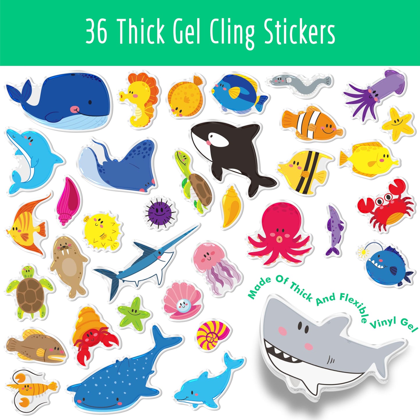 Hebayy Reusable Jelly Sticker Book — 36 Marine Animals Gel Clings for Toddlers