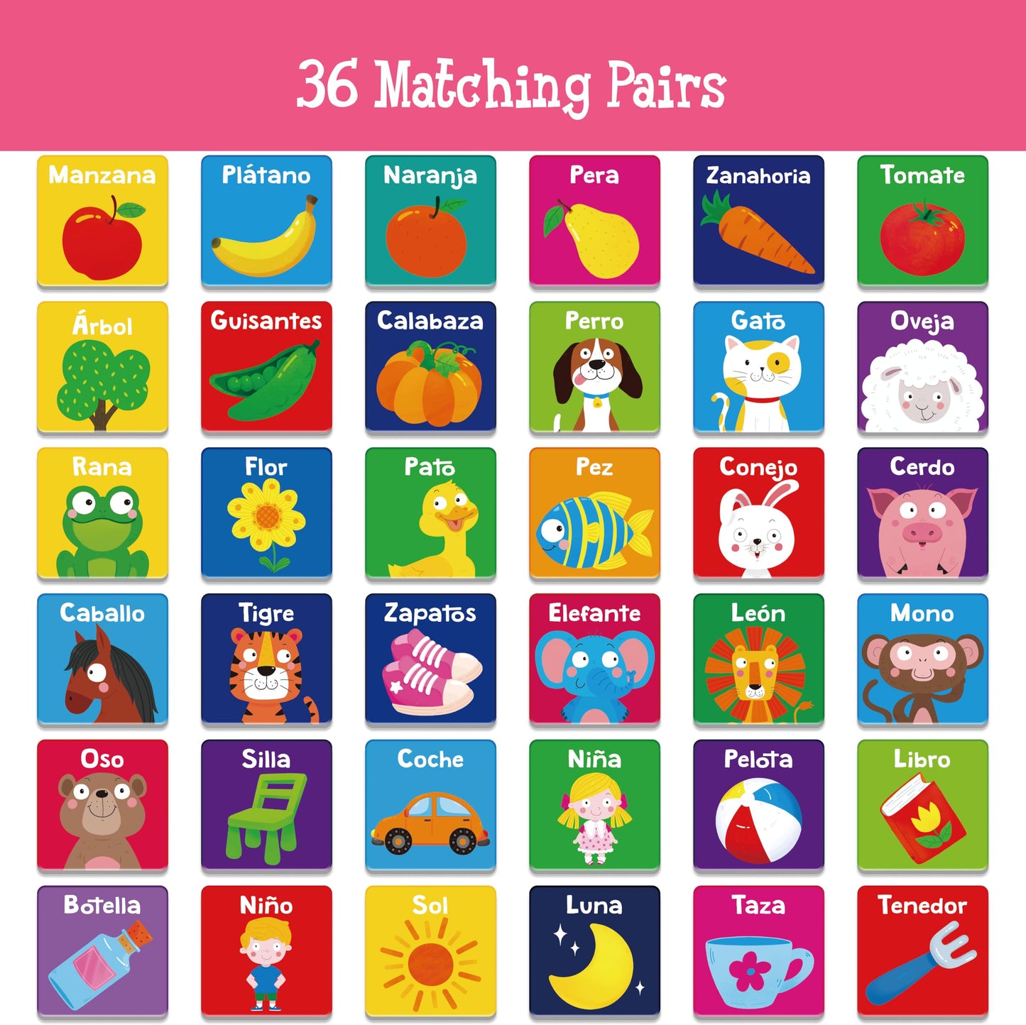 Hebayy Spanish Memory Matching Game – 72 Cards, 36 Pairs for Toddlers & Preschool