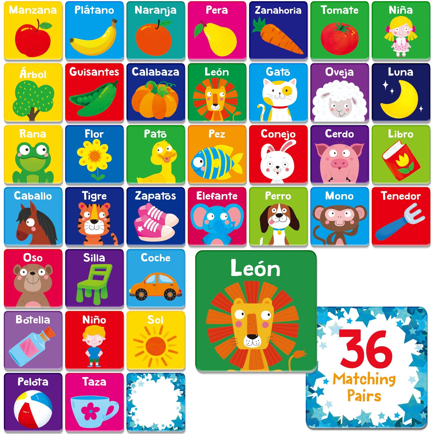 Hebayy Spanish Memory Matching Game – 72 Cards, 36 Pairs for Toddlers & Preschool