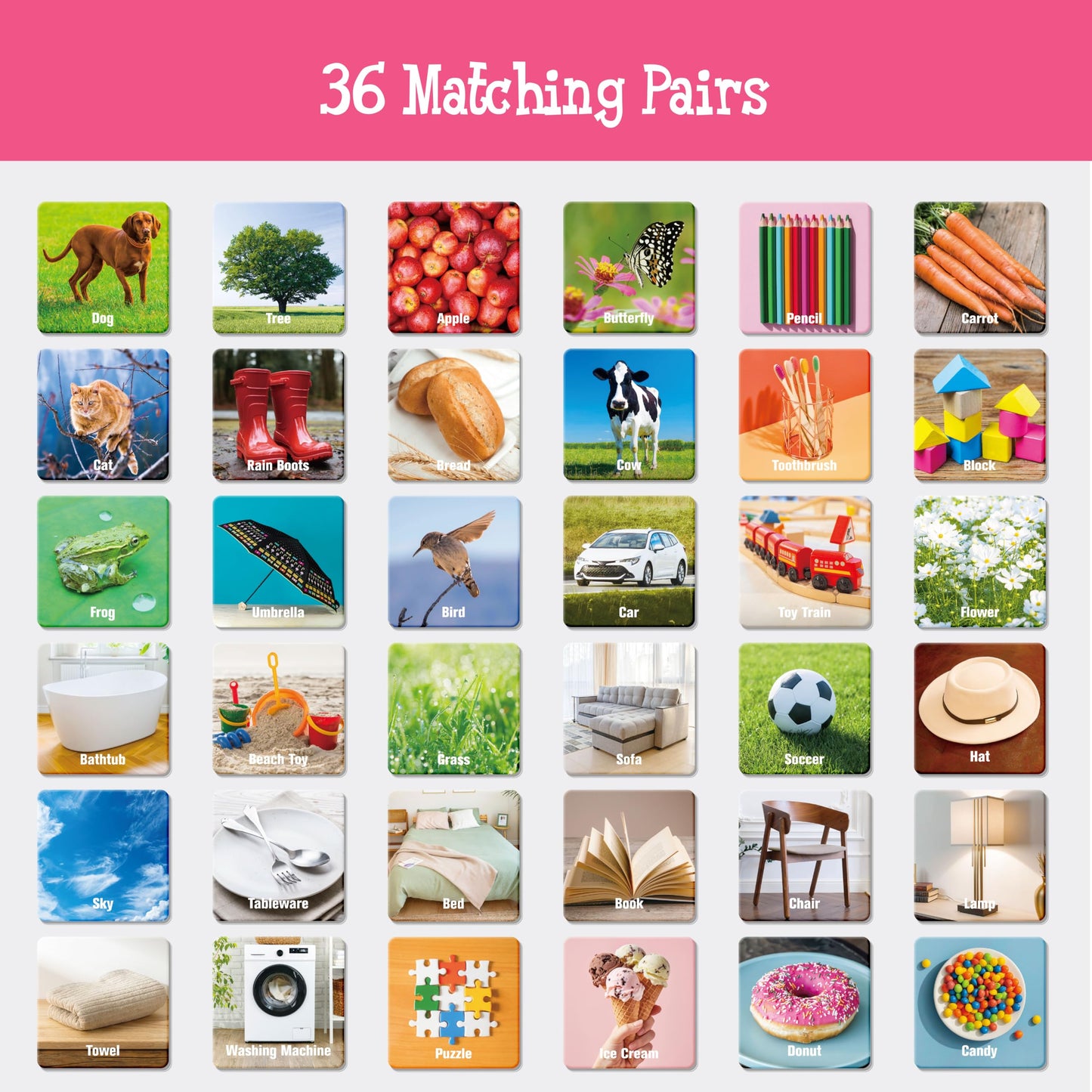Hebayy 72-Pcs Daily Items Matching Game – 36 Designs Memory Cards for Preschool 4–6