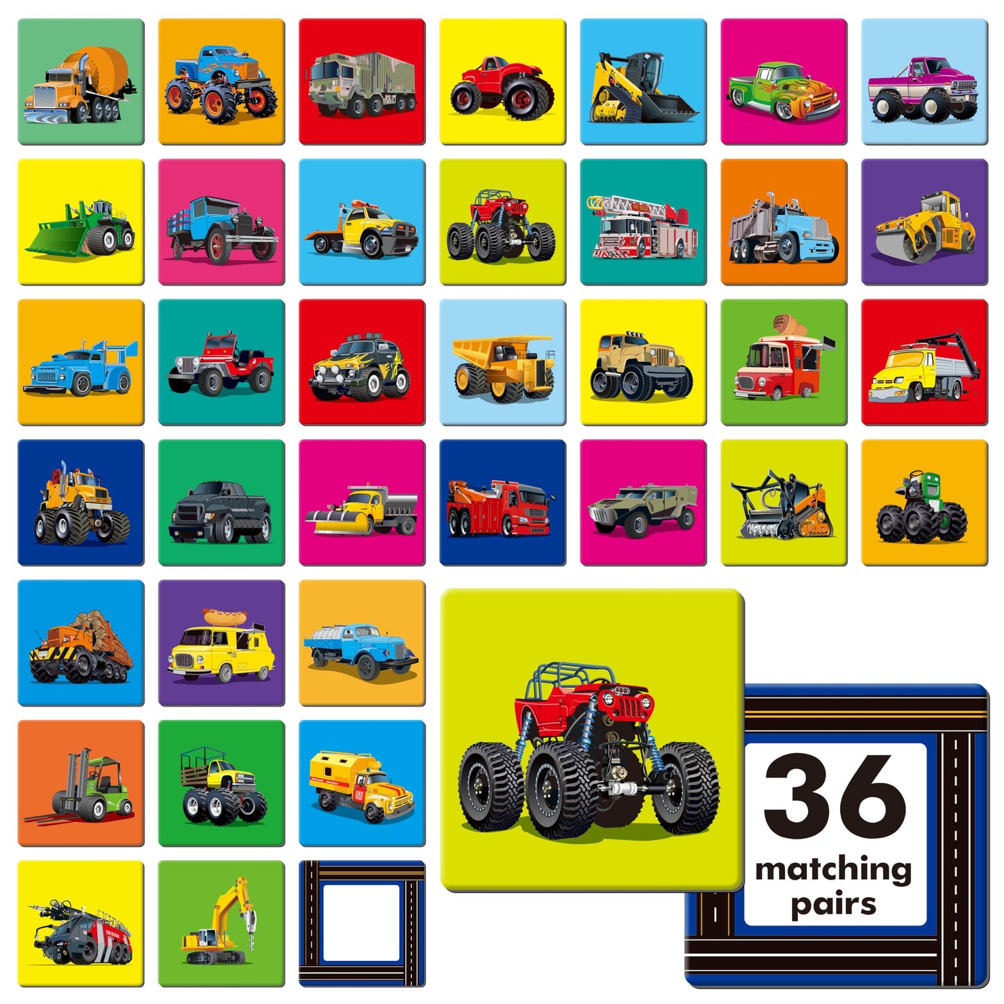 Hebayy Truck Matching Game – 72-Card Transportation Memory Cards for Toddlers & Preschoolers (Ages 4–6)