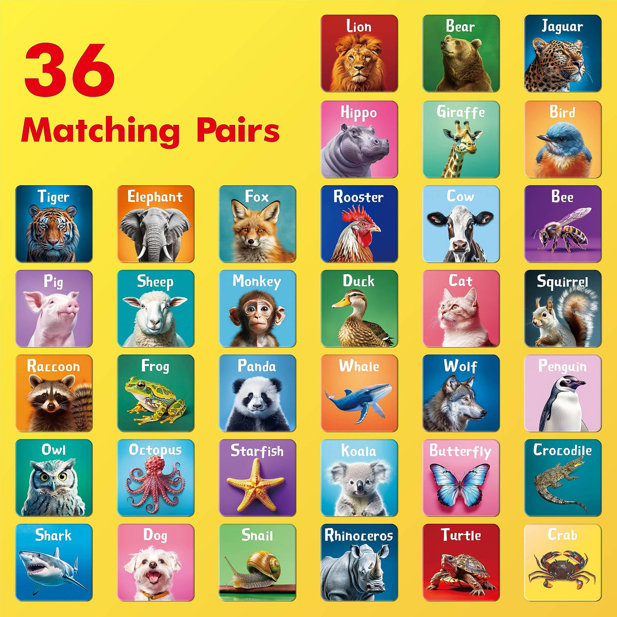 Hebayy 72 PCS Memory Matching Game – Real Animal Cards for Toddlers (36 Pairs)