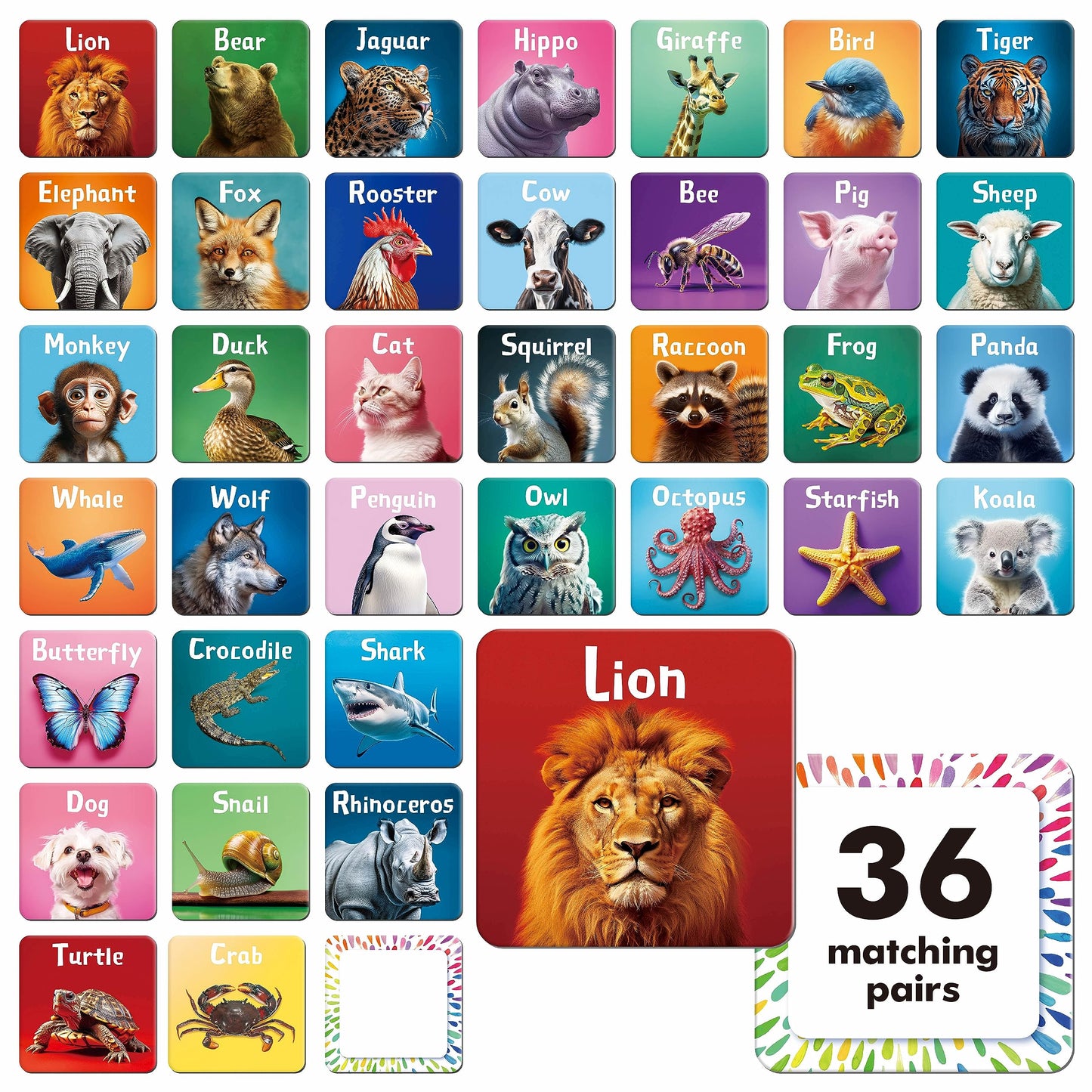 Hebayy 72 PCS Memory Matching Game – Real Animal Cards for Toddlers (36 Pairs)