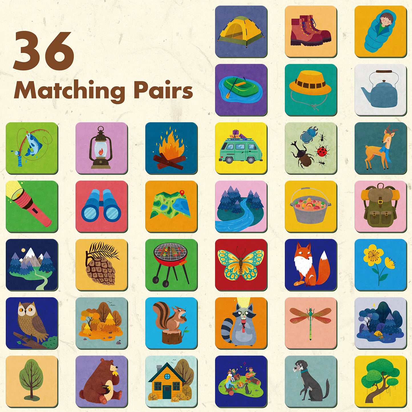 Hebayy Memory Matching Game – 72 Camping Theme Cards for Toddlers (36 Pairs)