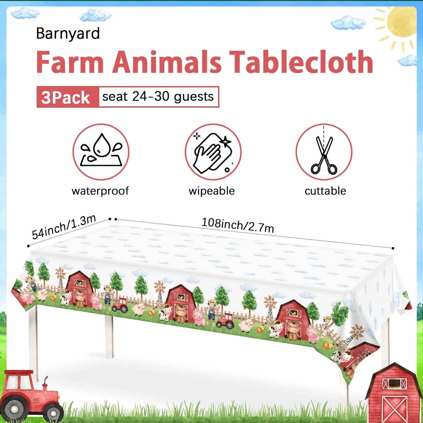 Heboland Farm Animal Tablecloth 3-Piece Set, 54 x 108 in — Barnyard Party Essentials