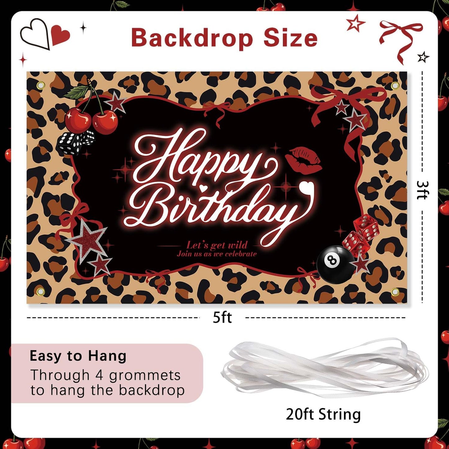 Heboland Red Cheetah Backdrop 3x5ft – Cherry Leopard Birthday Banner for Photo Booth