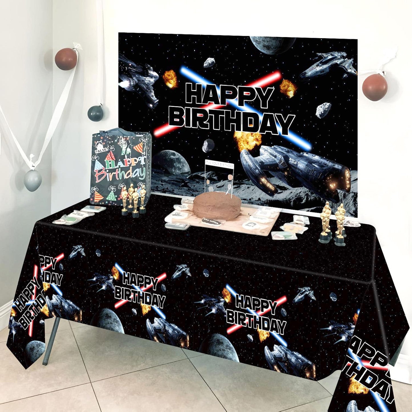 Heboland 3-Piece Space Battleship Tablecloth Set – 54 x 108 in Galaxy Starship Birthday Decorations
