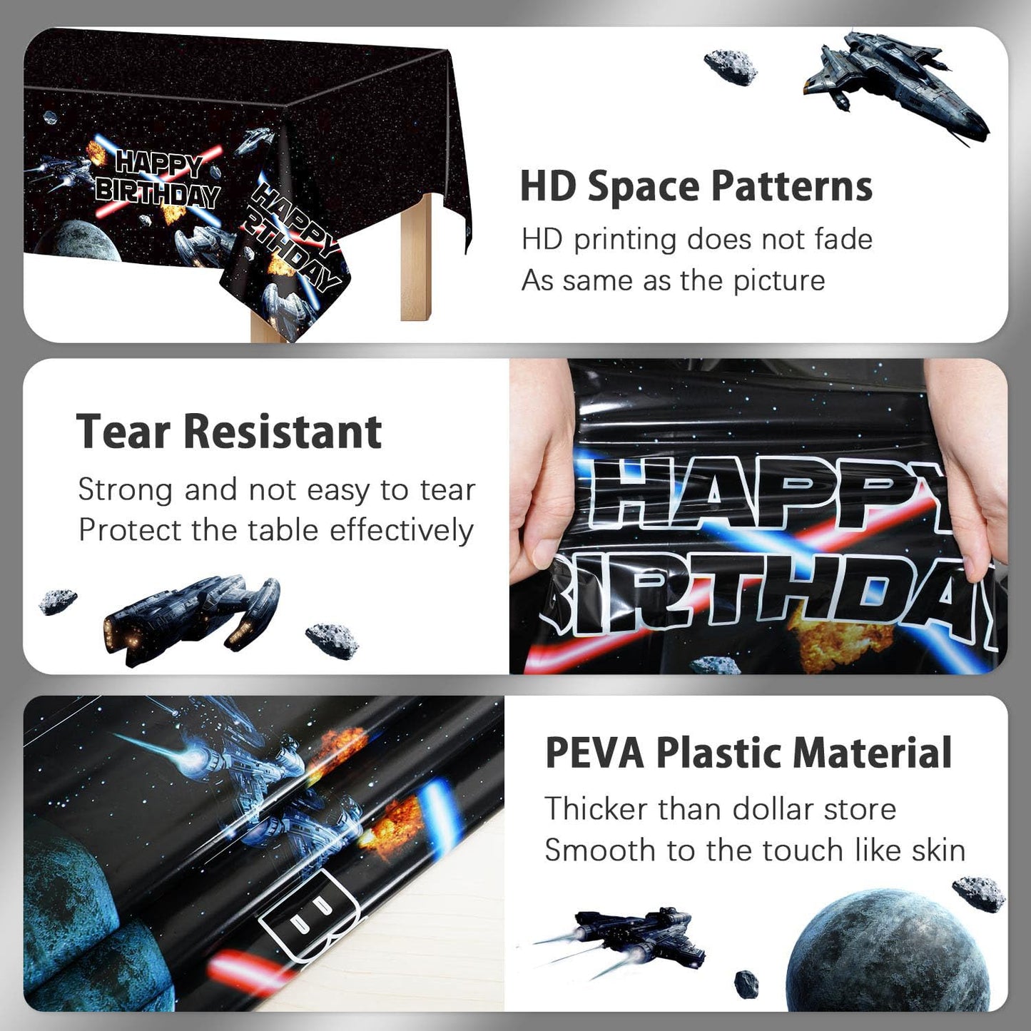 Heboland 3-Piece Space Battleship Tablecloth Set – 54 x 108 in Galaxy Starship Birthday Decorations