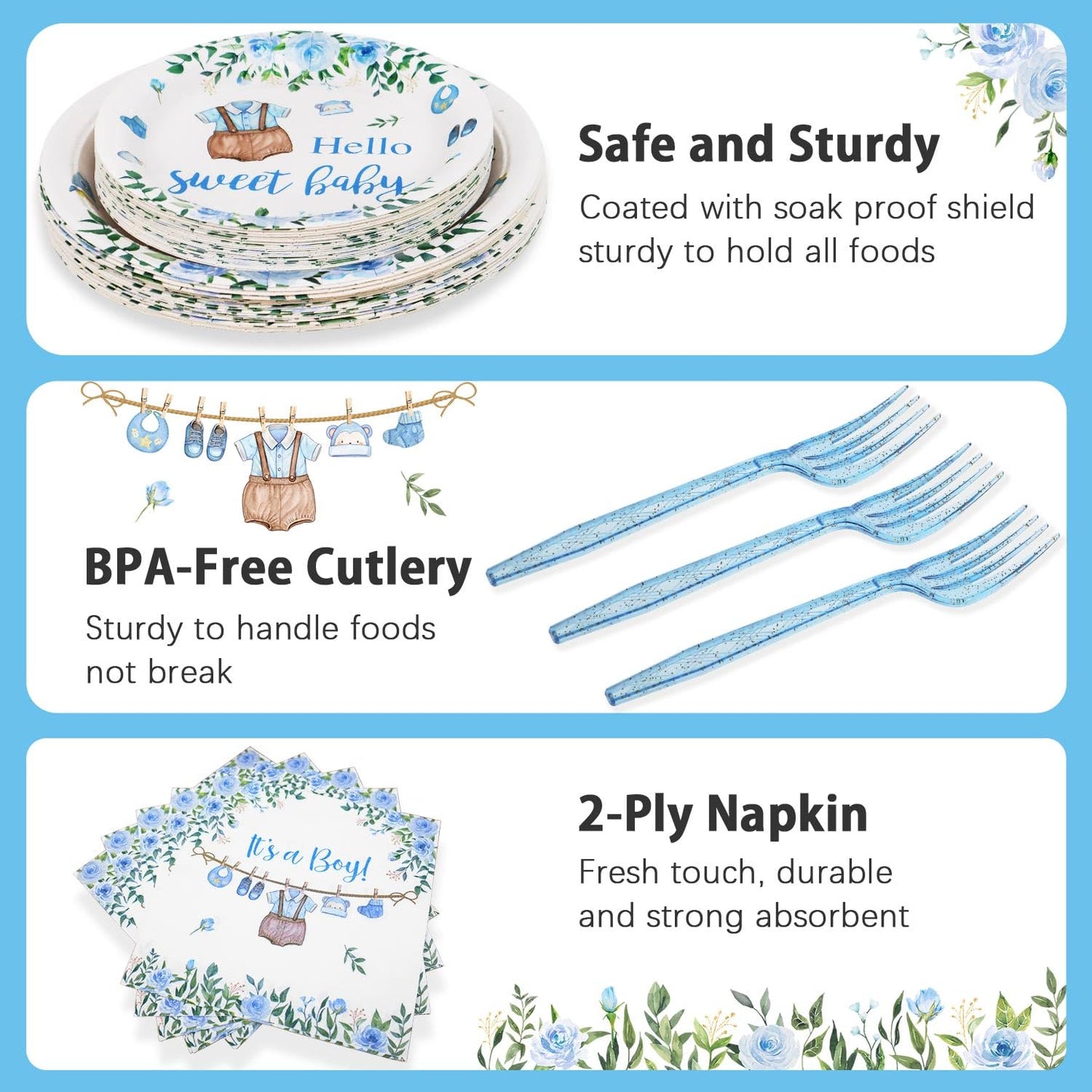 Heboland Blue Boy Baby Shower Plates Set – 100 Pcs for 25 Guests | It’s a Boy Tableware